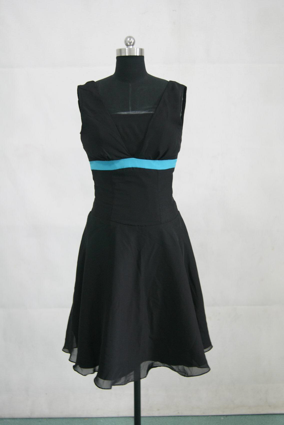 Short black chiffon bridesmaid dress with teal waistband.