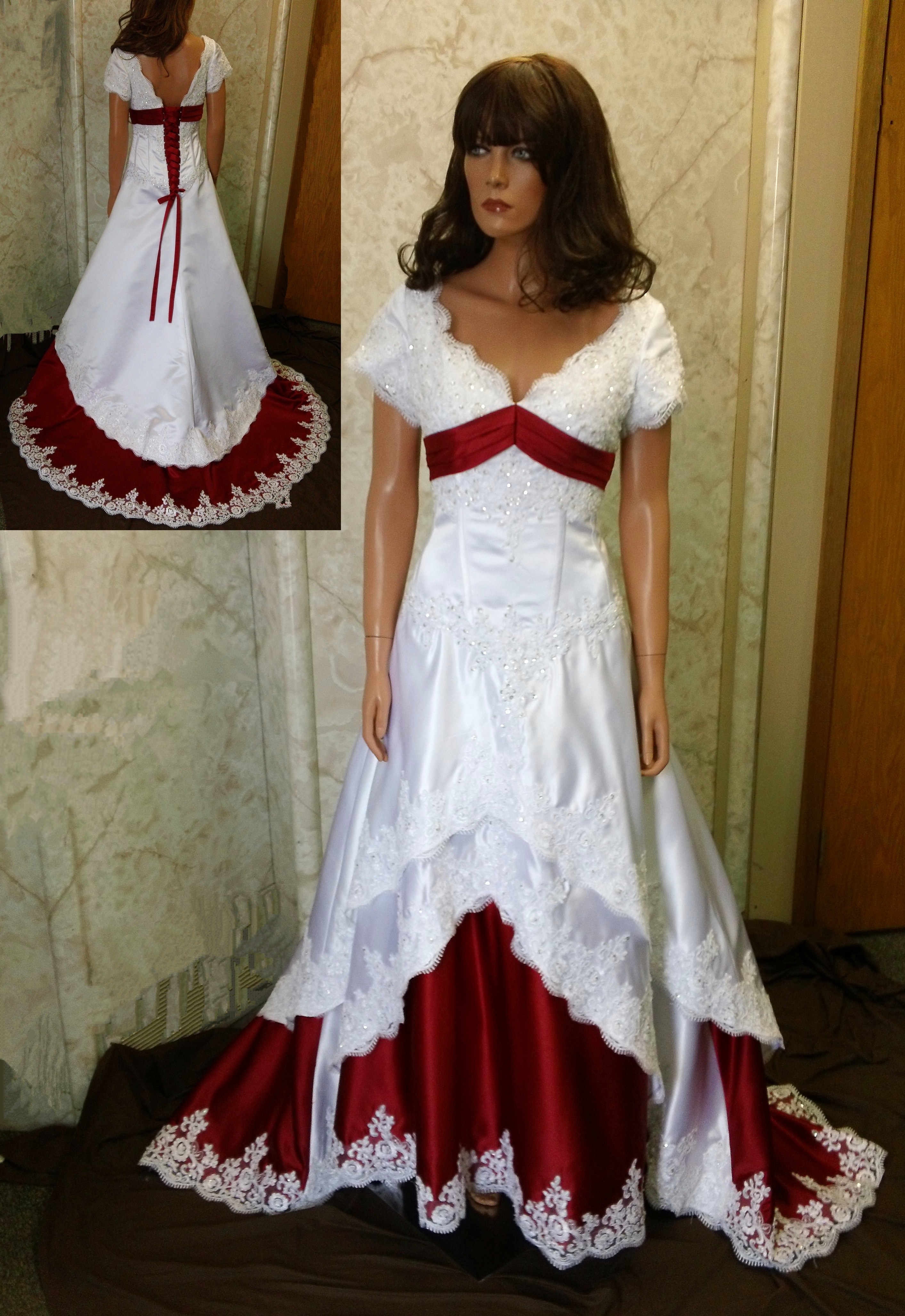 white and apple red wedding gown