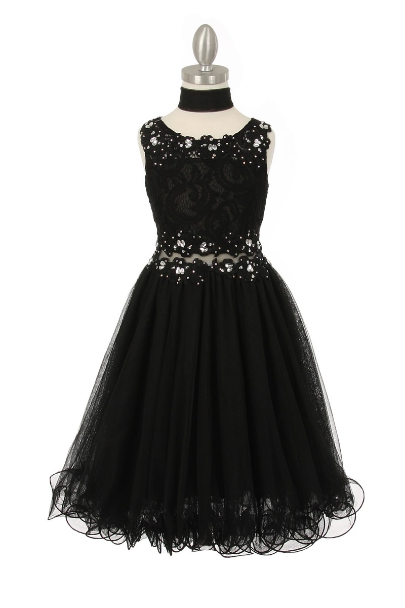 Black Sparkle Sequin Lace Bodice Tulle Skirt Flower Girl Dresses