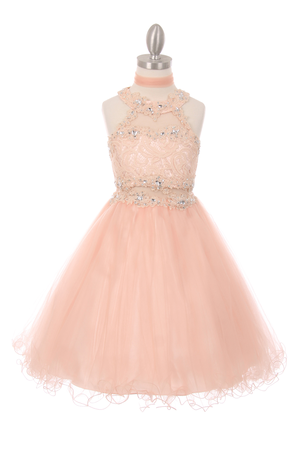 blush short ruffled halter dress with sheer lace bodice