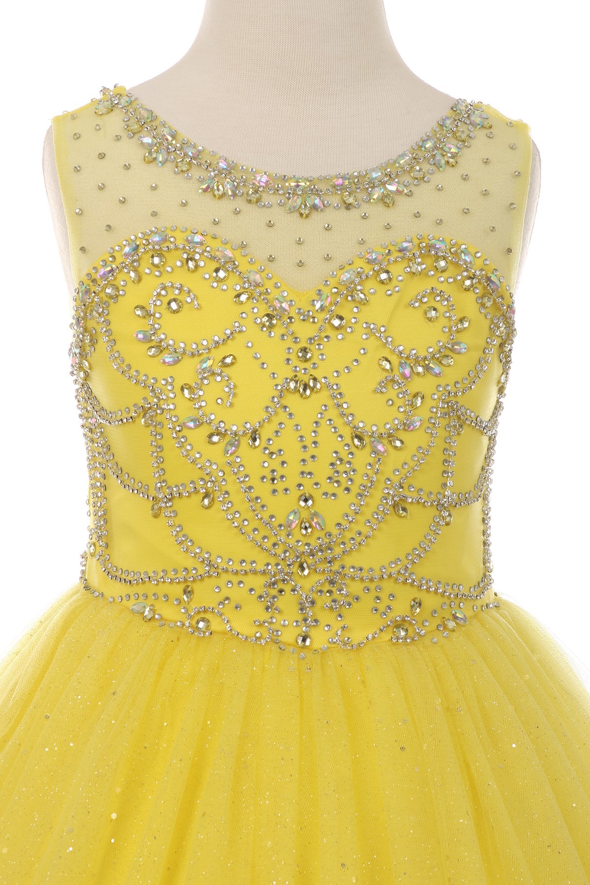 illusion neckline bodice is adorned with AB tone crystal beading