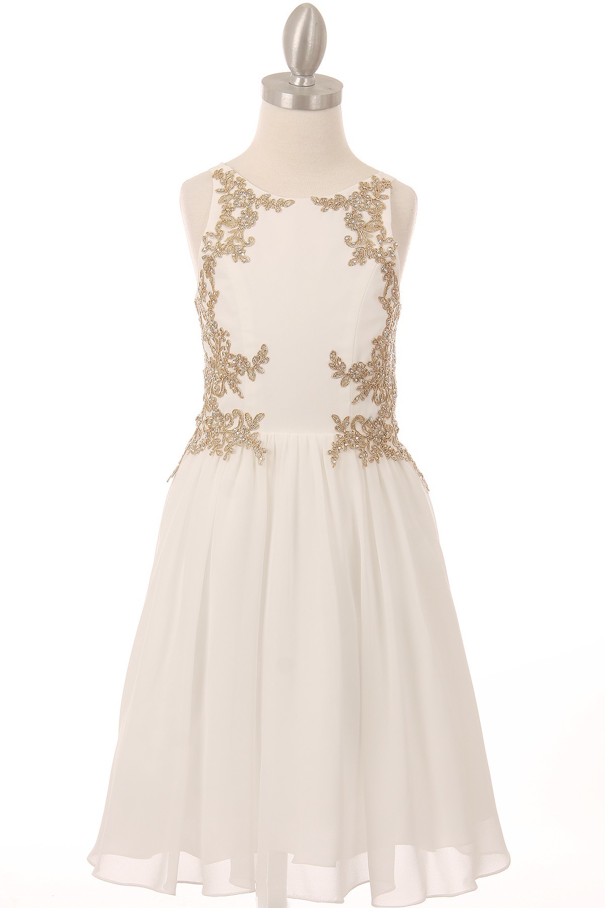 girls off white dress with gold lace