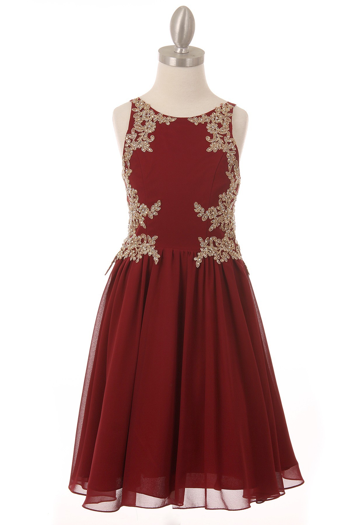 girls burgundy dress with golden lace