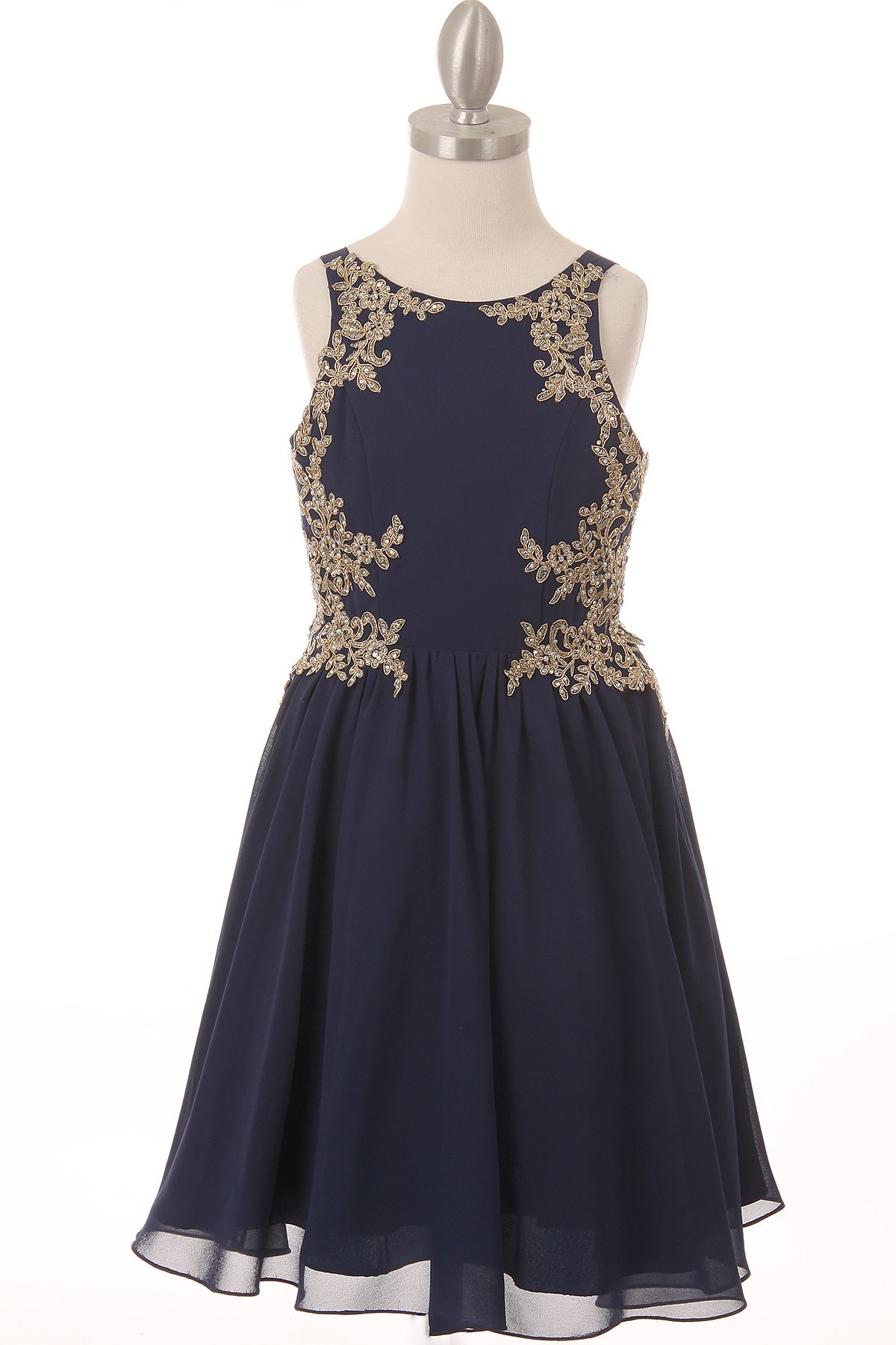 girls navy blue dress with gold lace