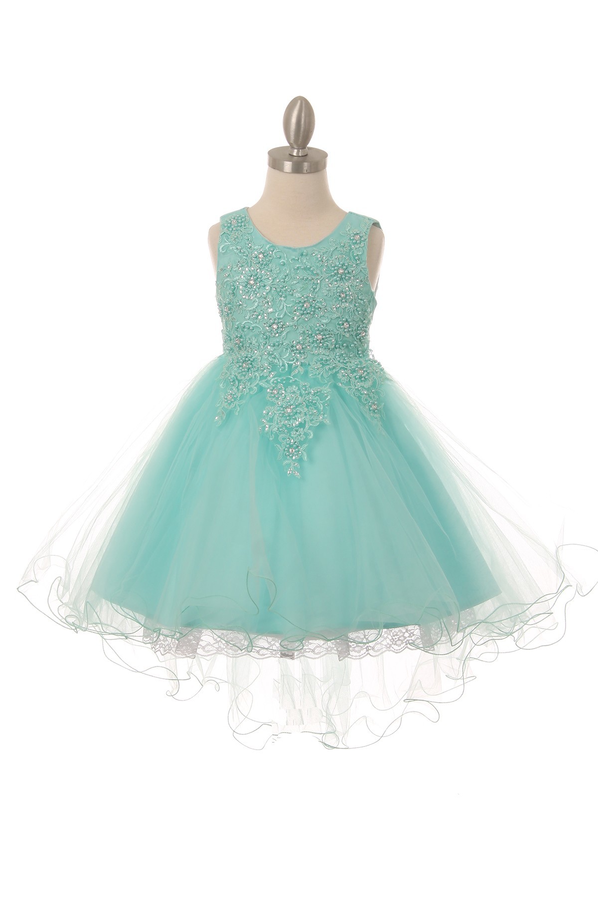 Sleeveless aqua tulle and lace dress, with pearls and sparkling rhinestones, and wired hem.