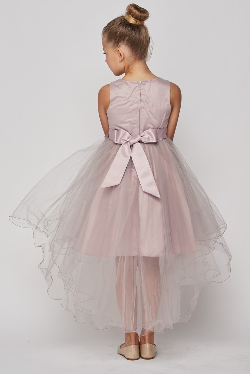 Sleeveless dusty rose tulle and lace dress, with pearls and sparkling rhinestones, and wired hem.