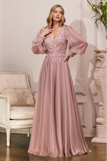 long sleeve mauve chiffon mother of the brides gown