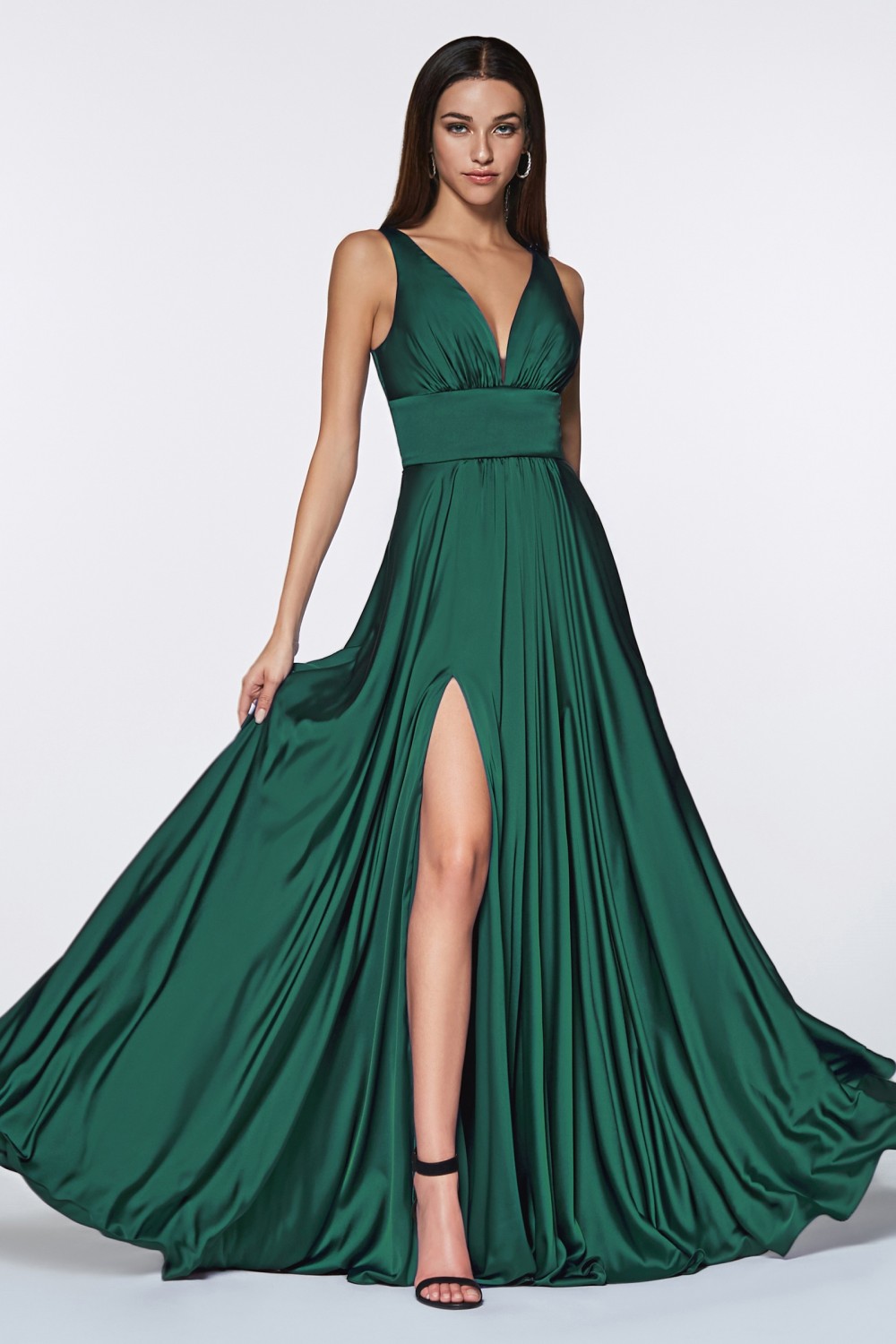 emerald satin A-line bridesmaid dress