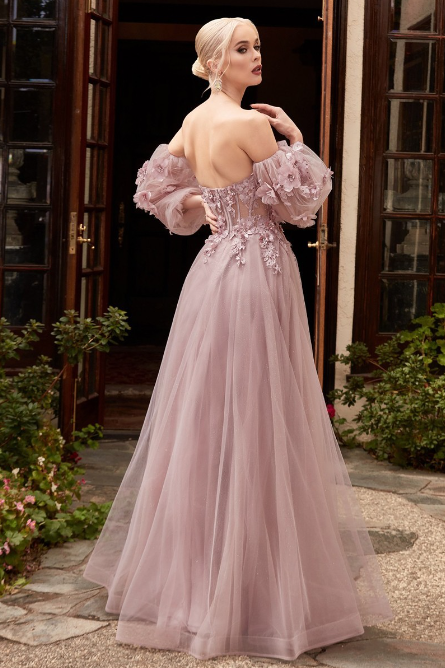 floral gown with removable puff sleeves