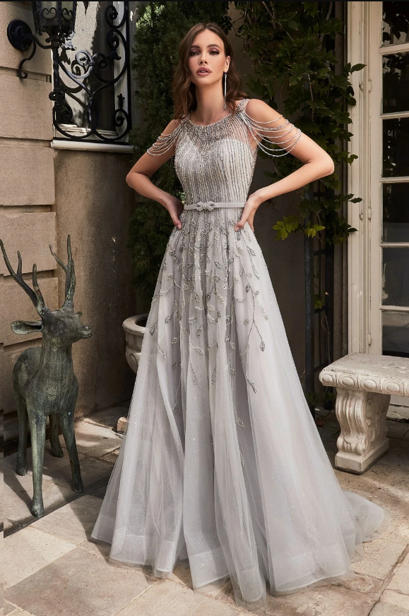 Elegant mother of the bride or groom dress.  A knotted belt skirt is edged horsehair hem and sweep train.