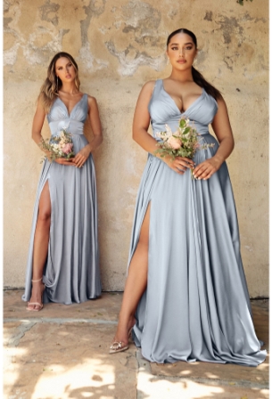 paris blue satin A-line bridesmaid dress