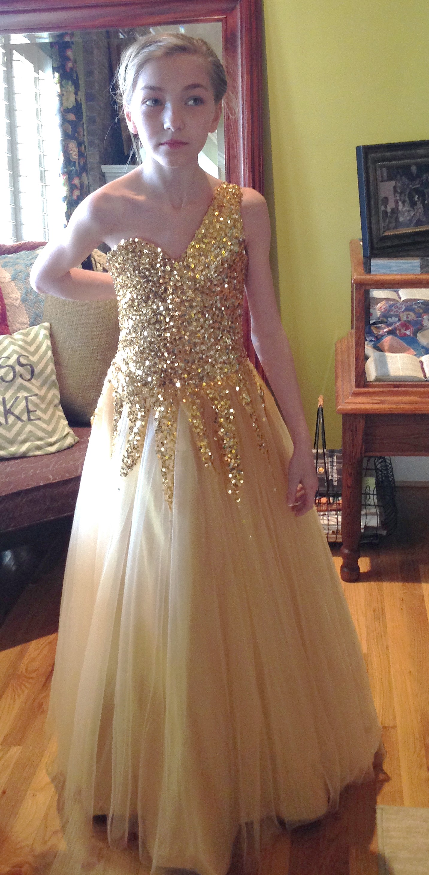 Girls gold one shoulder sequined pageant dresses