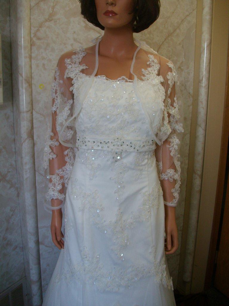 wedding dress with lace illusion jacket