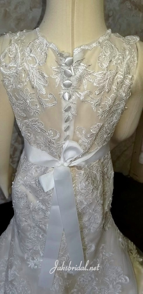 Mini bride fit and flare flower girl dress. Lace halter, illusion neckline, sheer back.