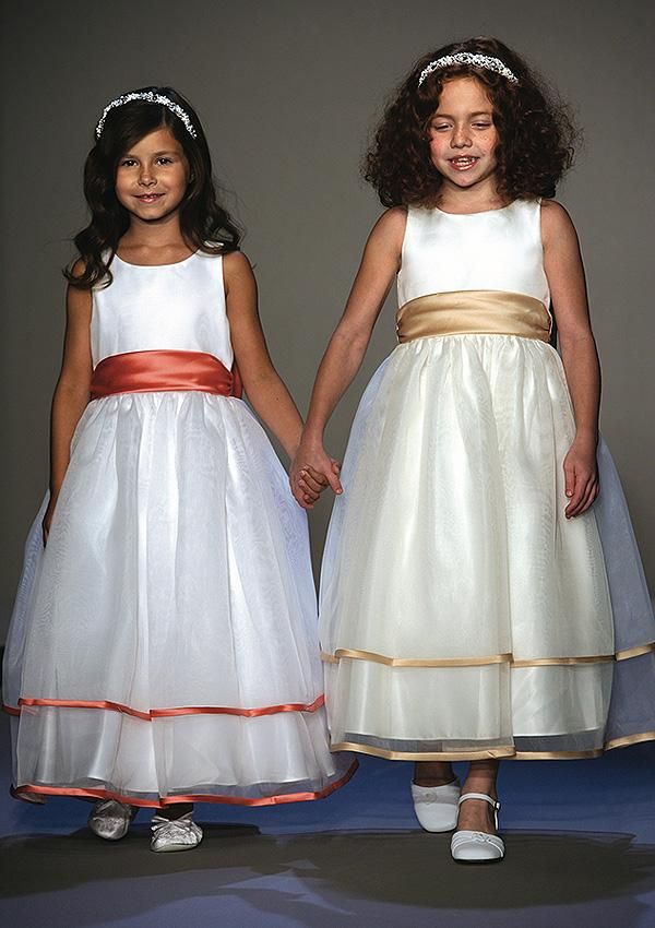 gold and coral flower girl dresses with sashes