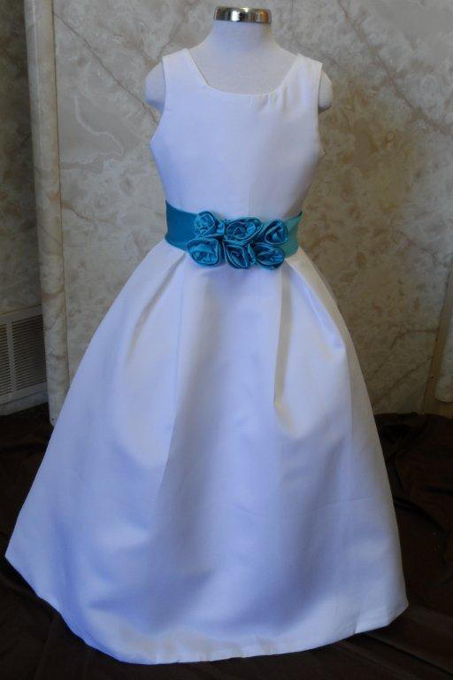 flower girl white and pool blue dress