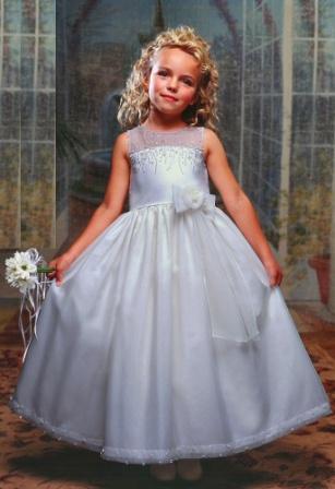flower girl dress with sheer neckline and beads on the bodice