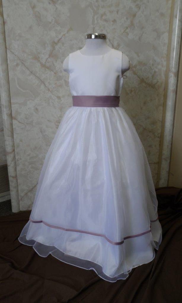 Long White organza flower girl dress with Victorian lilac trim.  Girls dresses in stock on sale for $40.00.