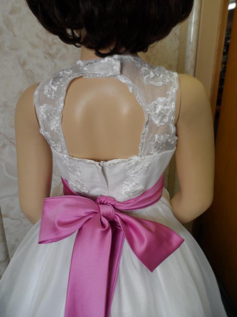 ivory miniature wedding gown with pink sash