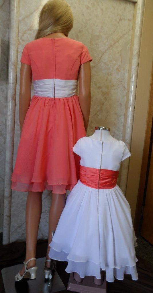 matching coral and white bridal party dresses
