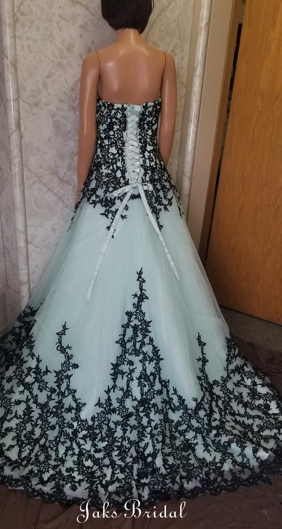 Mint and black lace ball gown