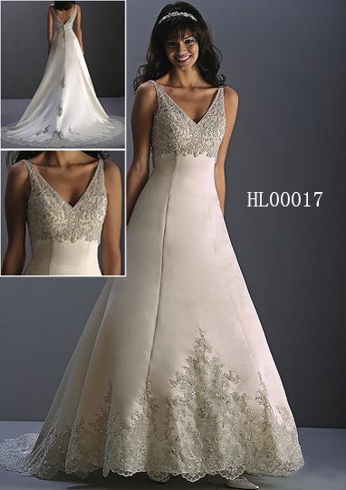 Embroidered v neck bodice and hemline Wedding Gown