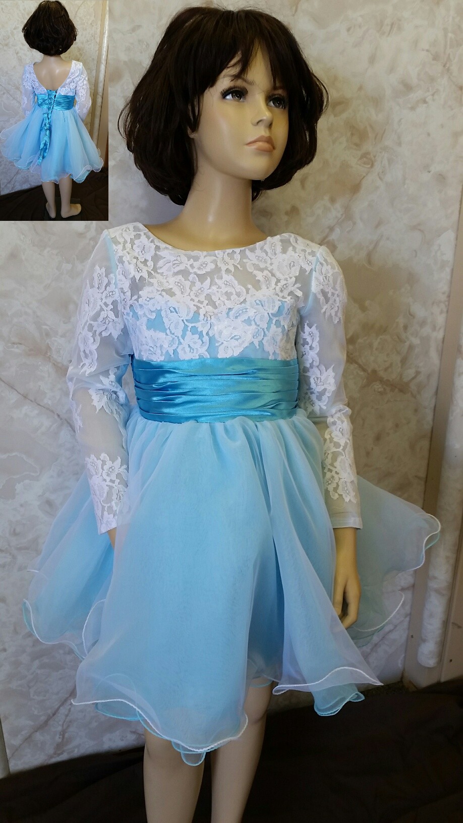 white lace and baby blue flower girl dress