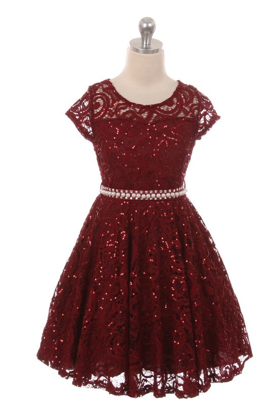 girls short burgundy lace short sleeve Christmas dress.