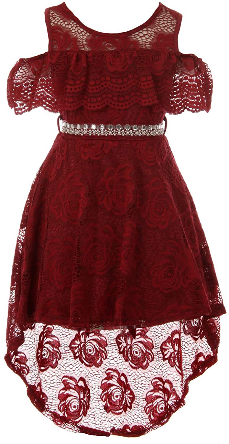 burgundy  high-low dress with floral lace overlay and cold shoulders and a jeweled belt. 