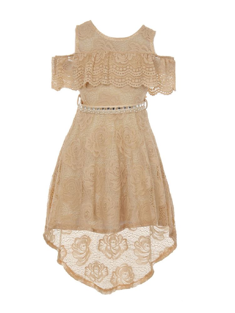 champagne high Low All over floral lace dress with a cold shoulder sleeve and detachable rhinestone belt waist