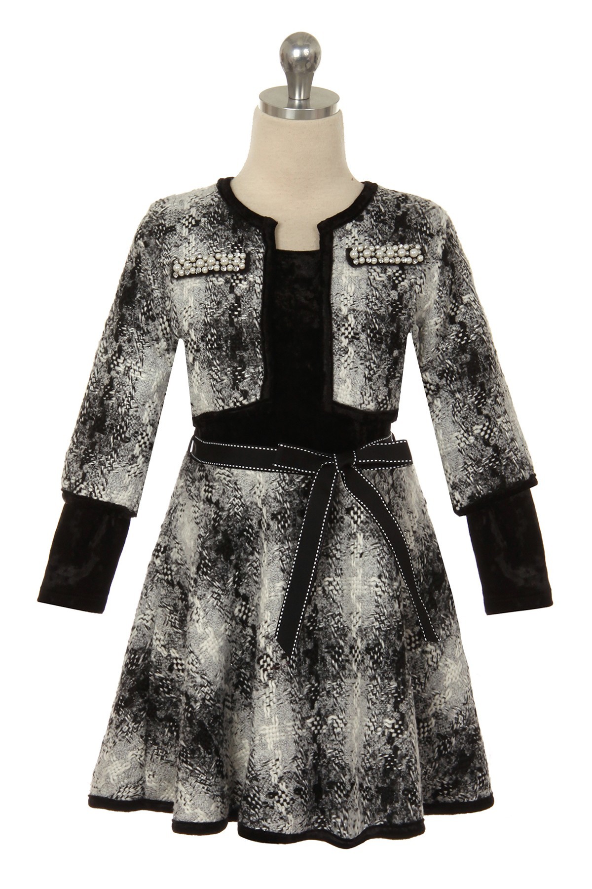 dress for winter in this black and white plaid skirt & jacket dress with velvet top