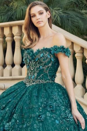 green floral off the shoulder ball gown