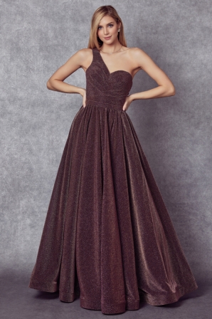 One shoulder sleeveless glitter prom gown with removable bow