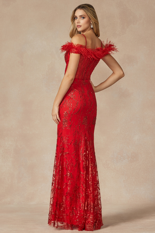 sultry red dress with off the shoulder feathers