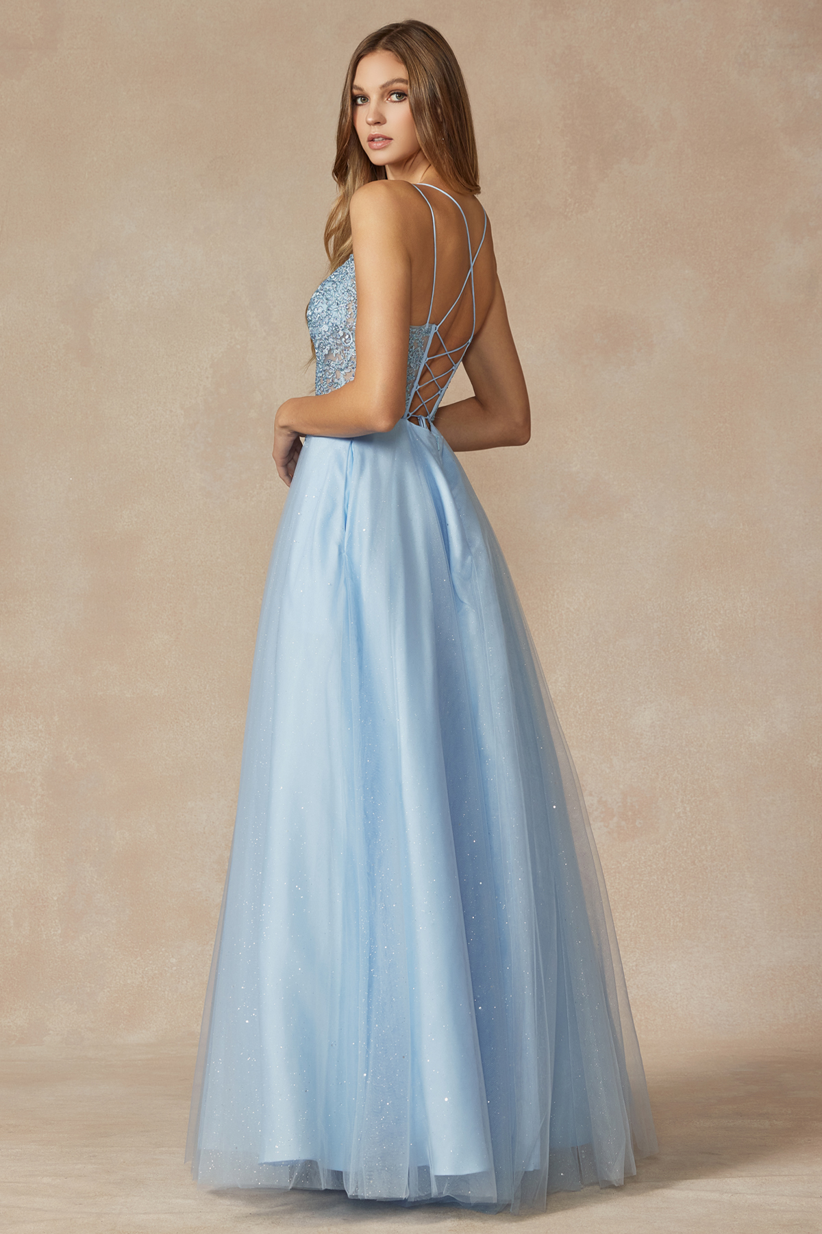 blue corset lace-up prom dresses.  sleeveless A-line dress with a v-neckline embroidered bodice and stone accents on sparkle tulle. 