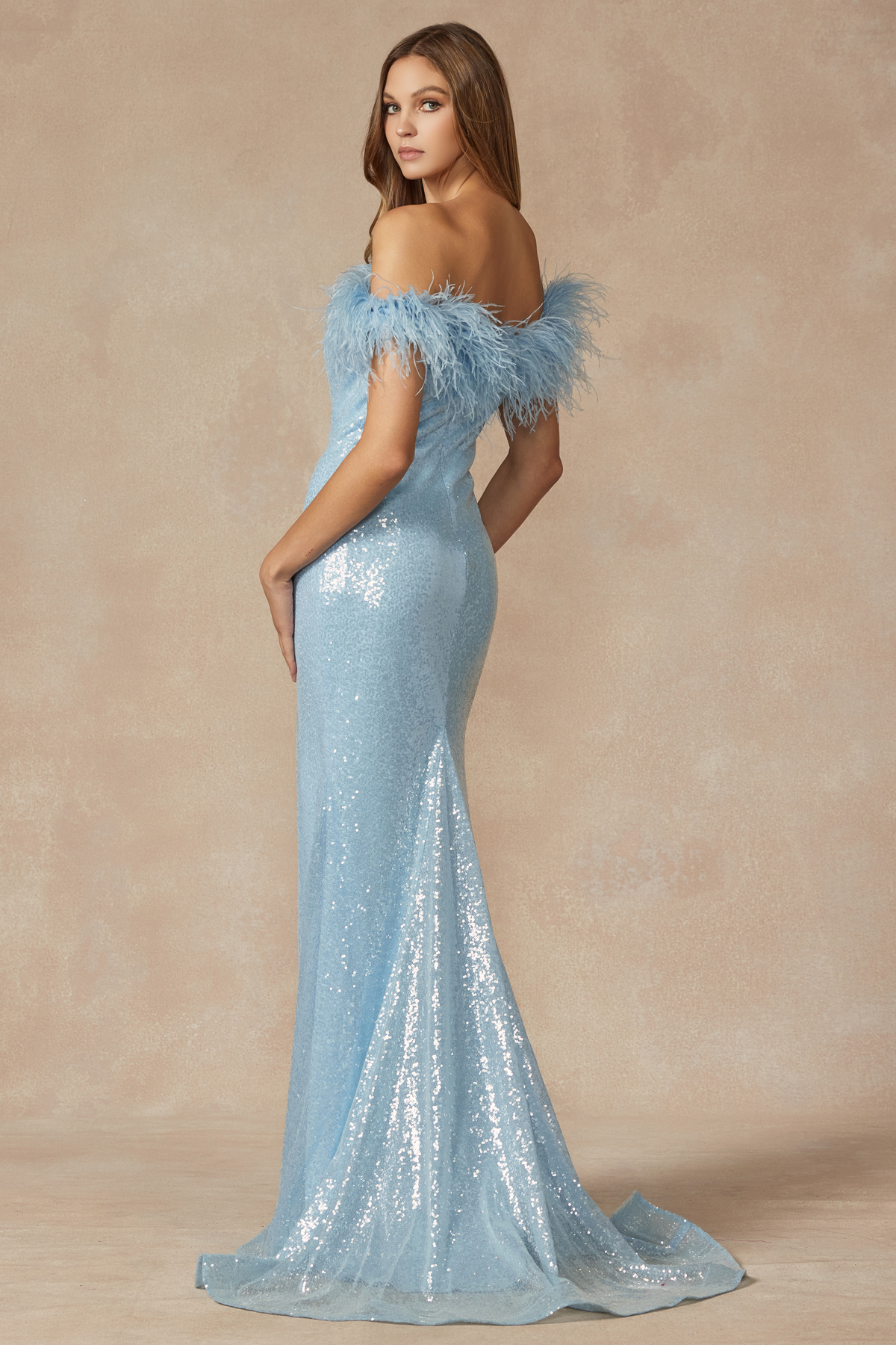 ice blue feather prom dress