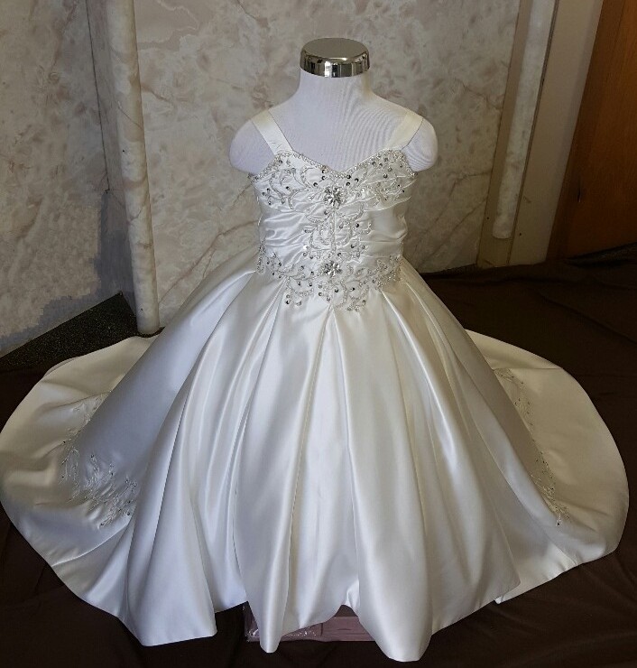 light ivory and silver flower girl dress with train