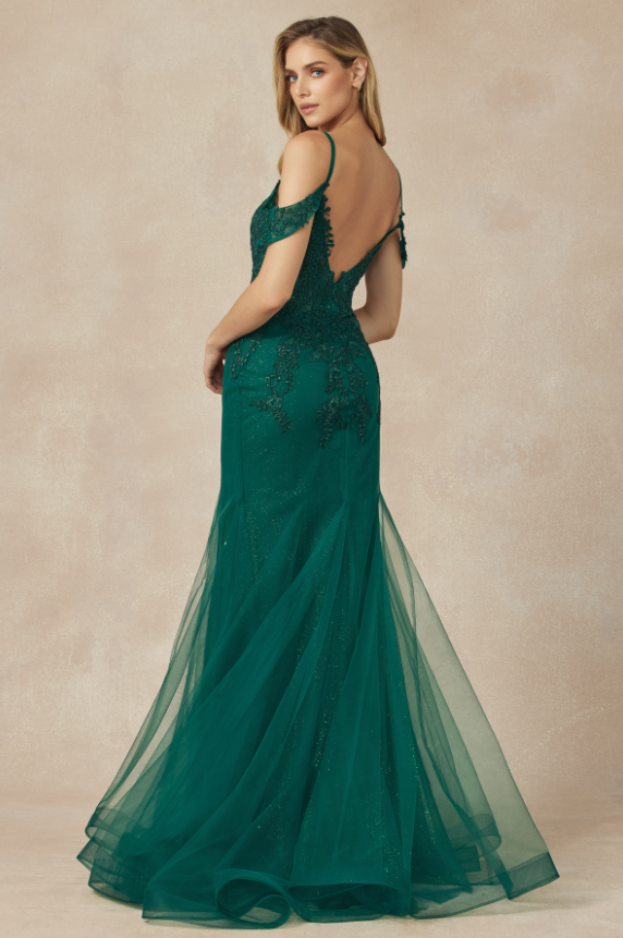 green open back gown