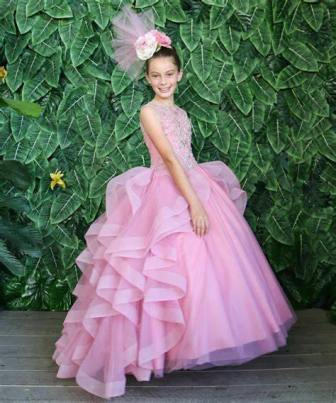 pink ruffled ball gown.  A ball gown with a sweetheart beaded bodice, open back, A-line skirt with ruffled sweep train, and a lace-up corset back.