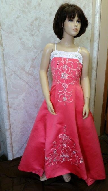 coral and white flower girl dress with train