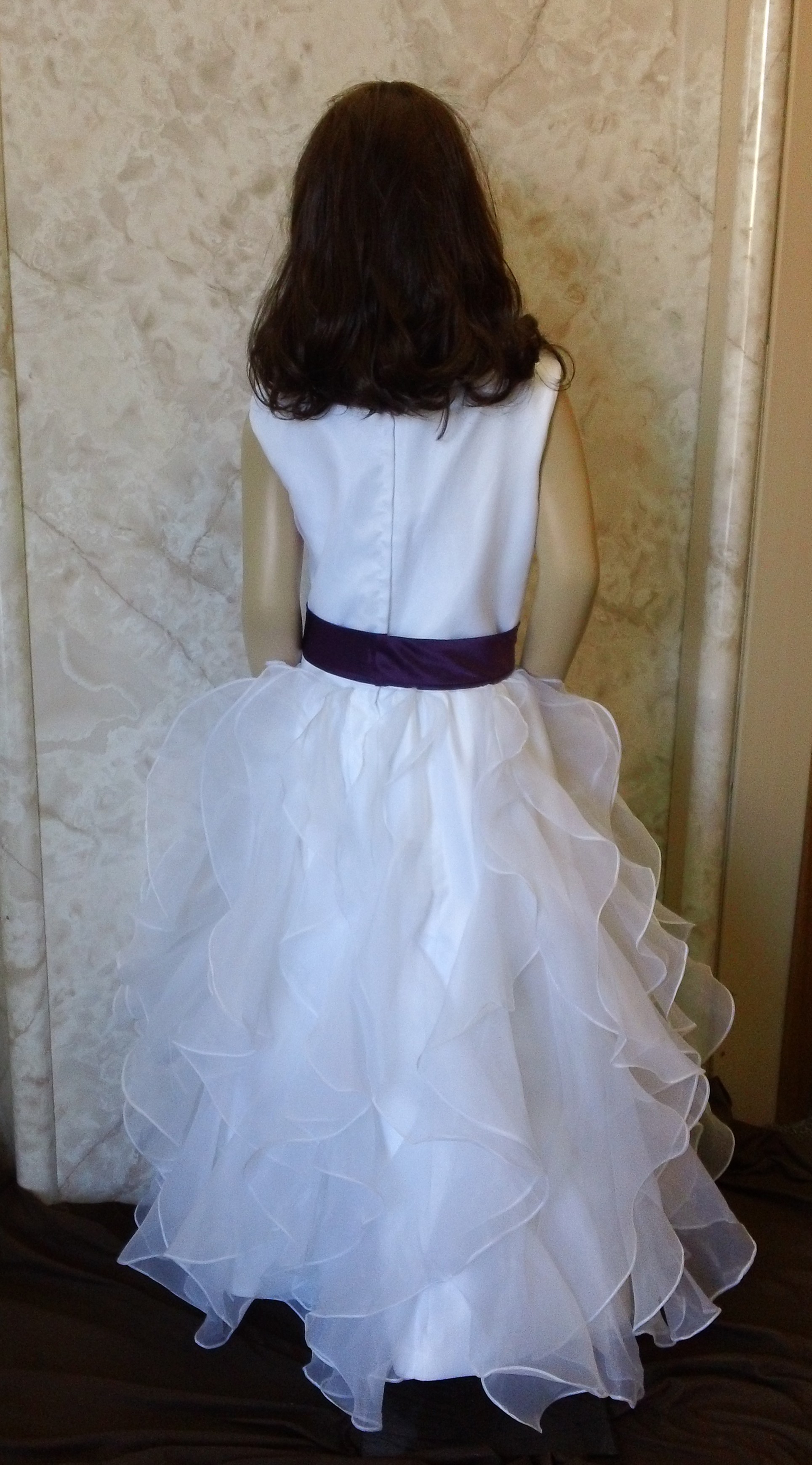 white and purple flower girl dress