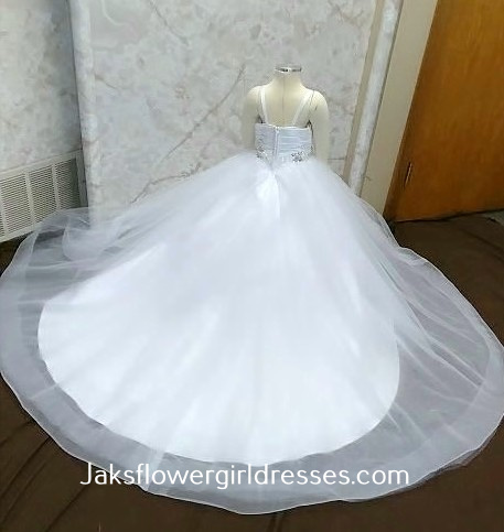 Infant baby girl wedding dress.  Sweetheart crisscross bodice, jeweled sash, long flower girl train.