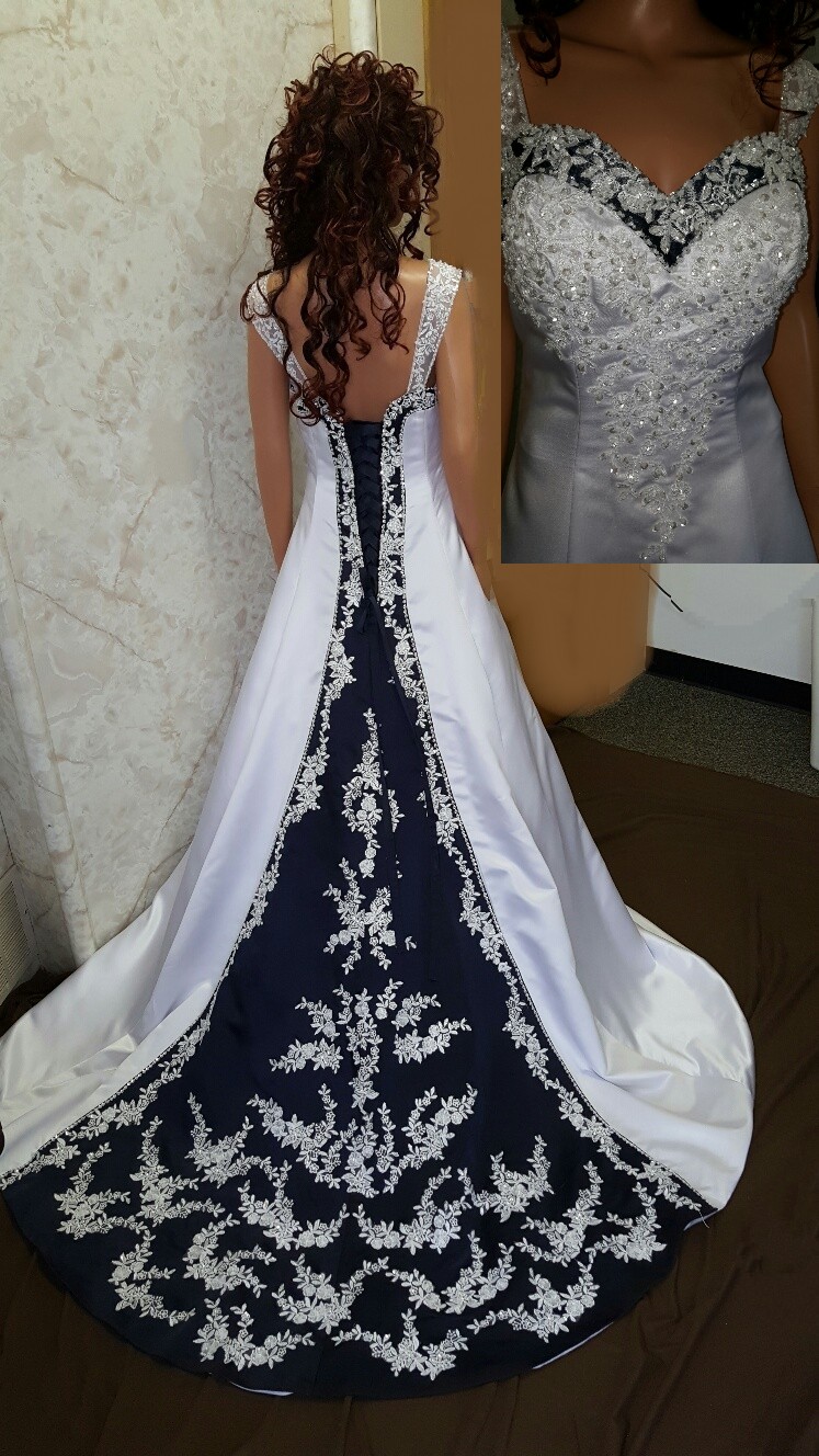 white and navy wedding gown