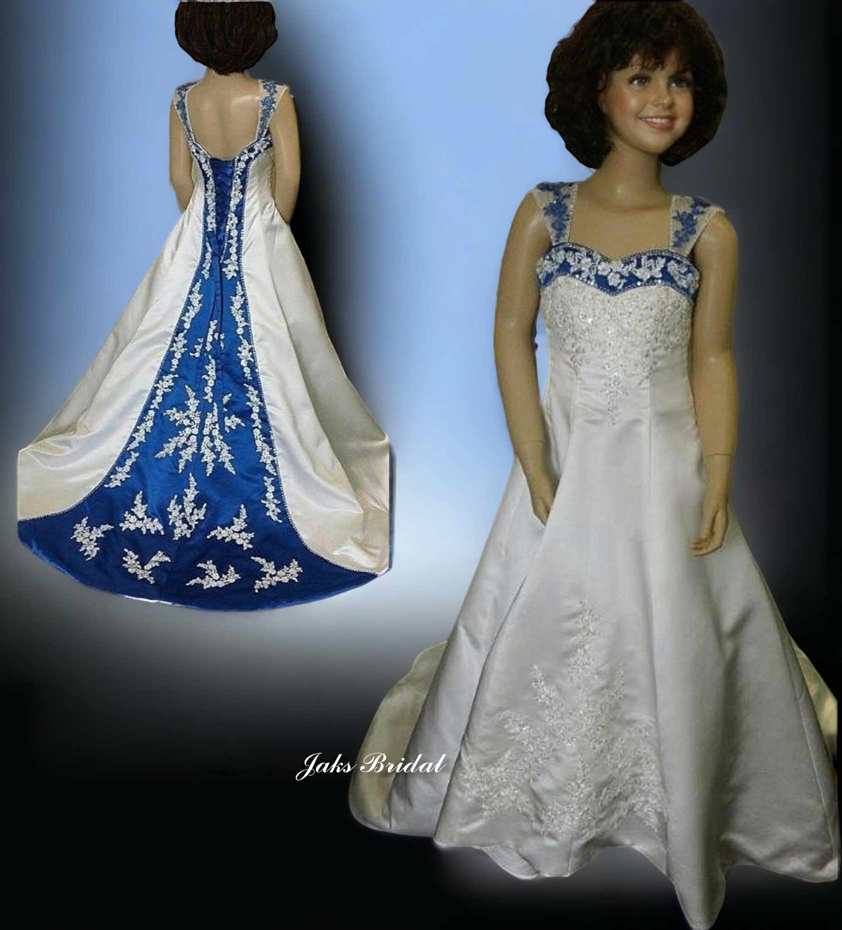 Ivory and royal blue miniature bridal gowns with color