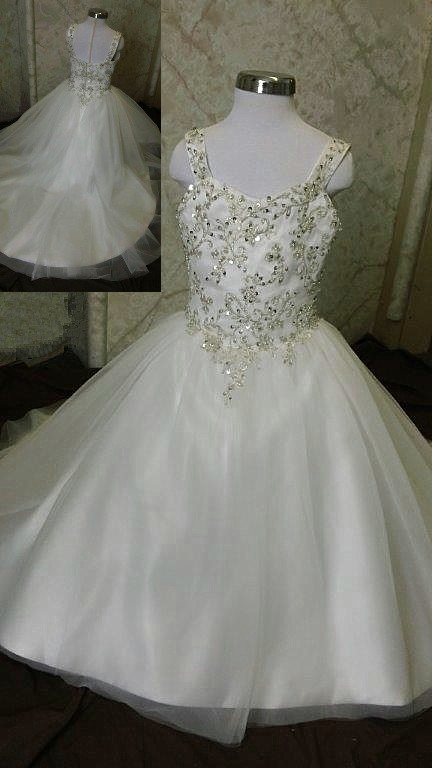 Embroidered light ivory flower girl dress with long train, size 4, on sale.