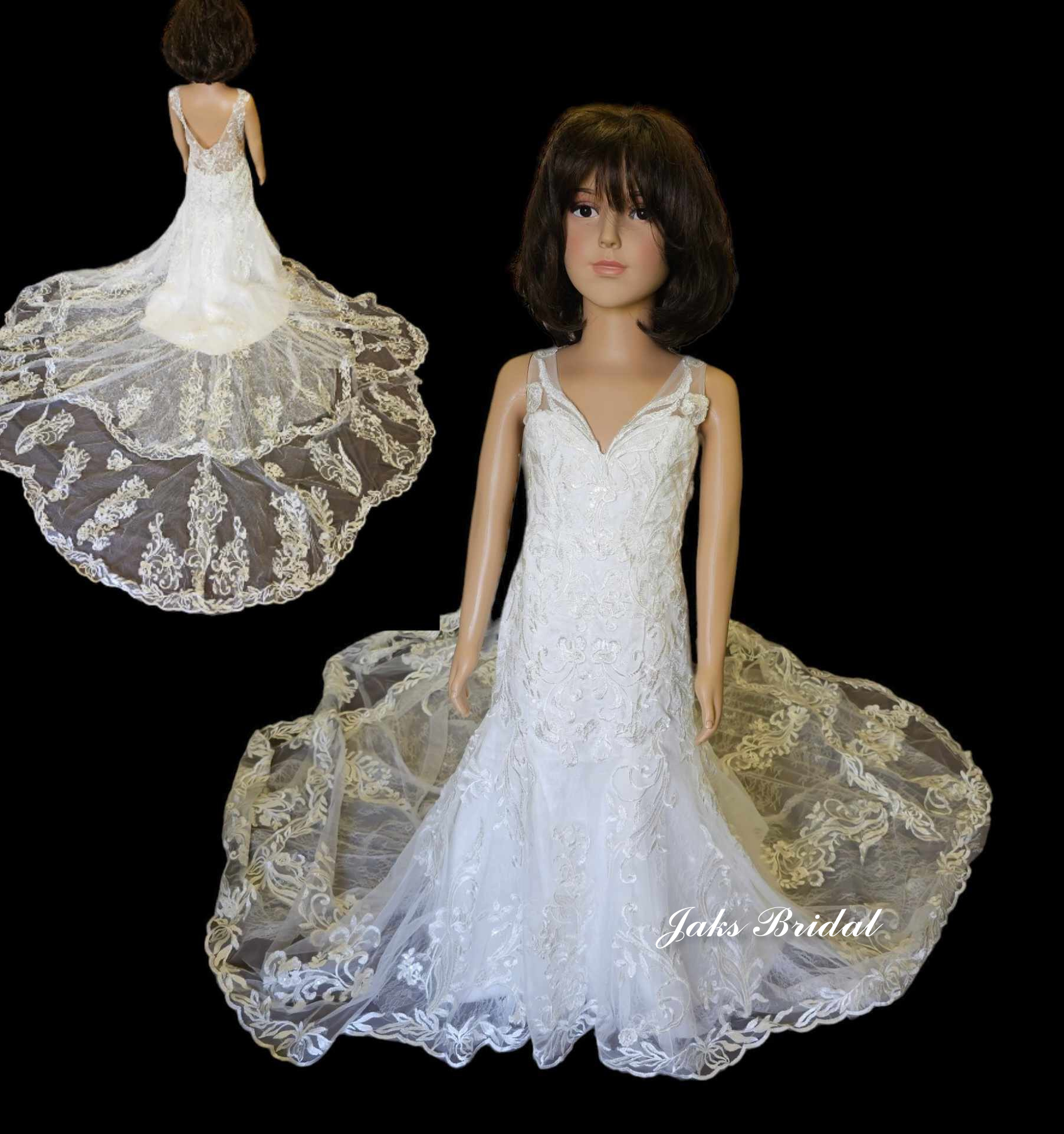 Lace fit and flare flower girl gown features sequin lace, a sweetheart neck, a low sheer back, illusion double petal shaped cathedral train.