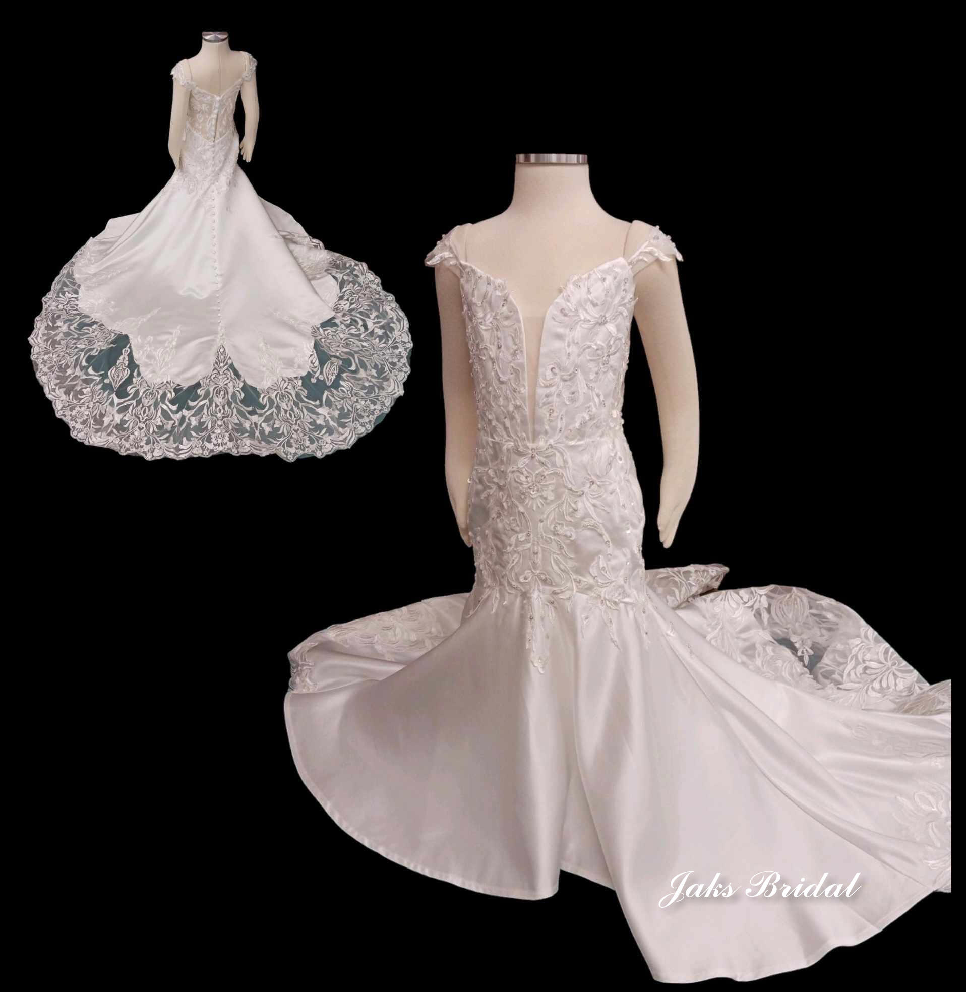 This mermaid dress has a plunging neckline with an illusion lace back. The cathedral train is adorned with lace appliques that match the bodice.