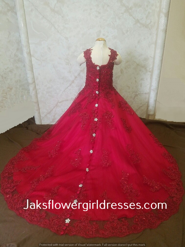 red flower girl dress with train