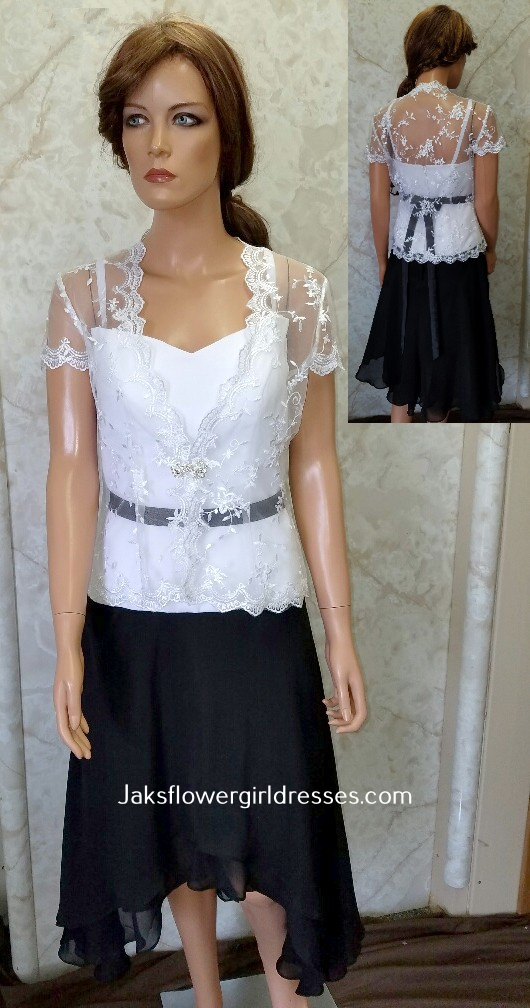 black and white dress with lace jacket