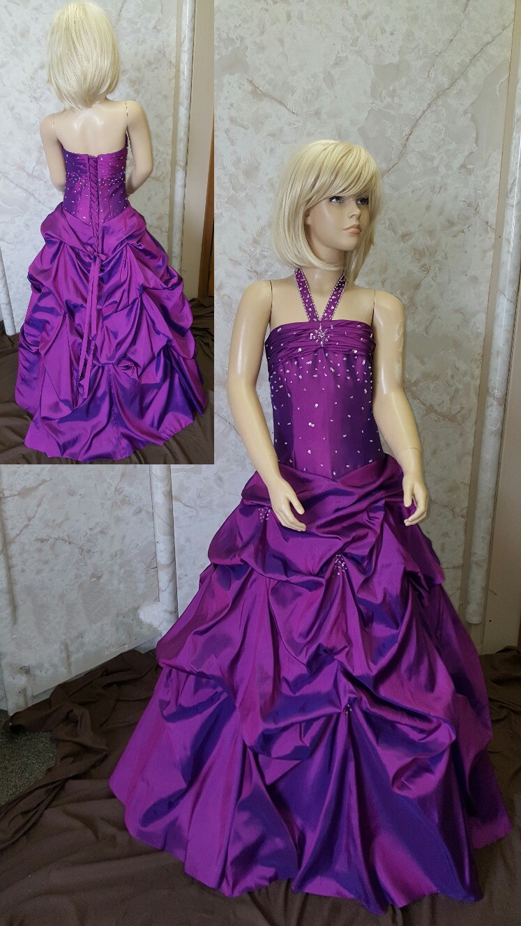 long purple dress with pickup skirt